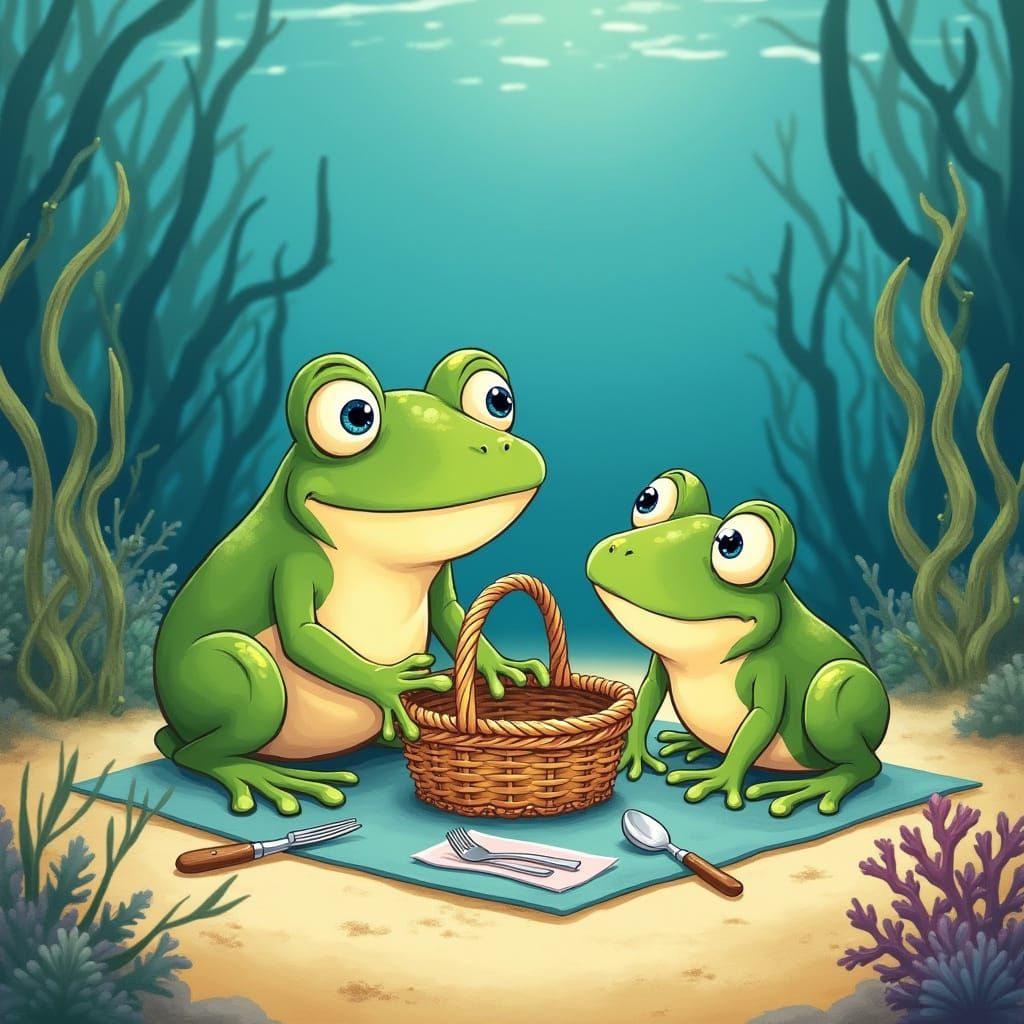 Underwater Frog Family Picnic, Children's Book Illustration