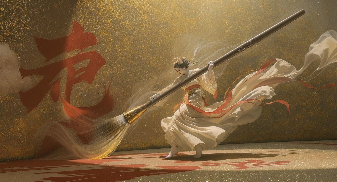 Japanese Princess Dancing with Paintbrush, Impasto Art