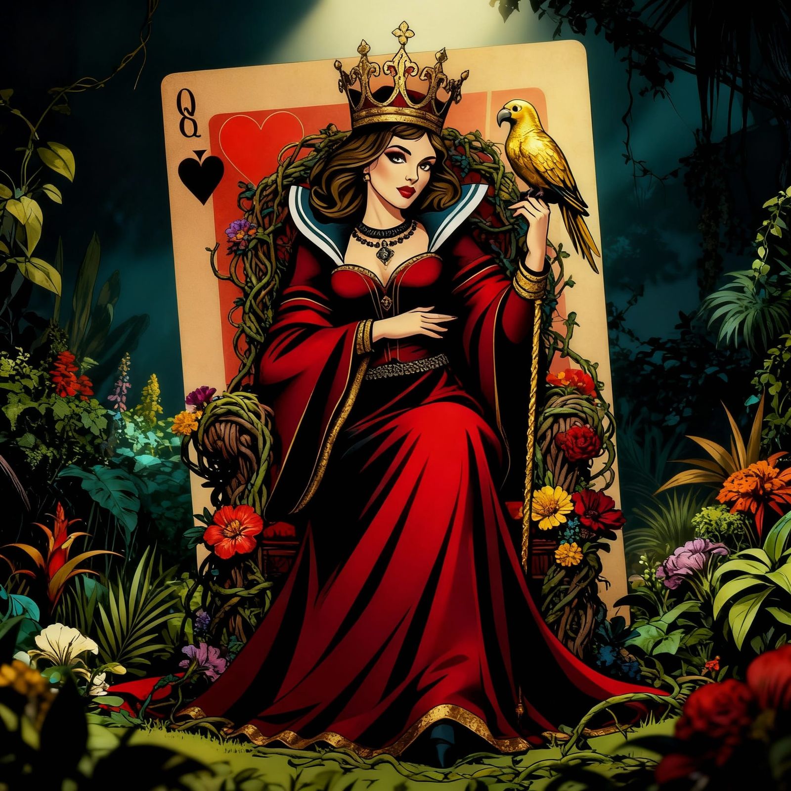 Regal Queen of Hearts on Floral Throne with Parrot Scepter