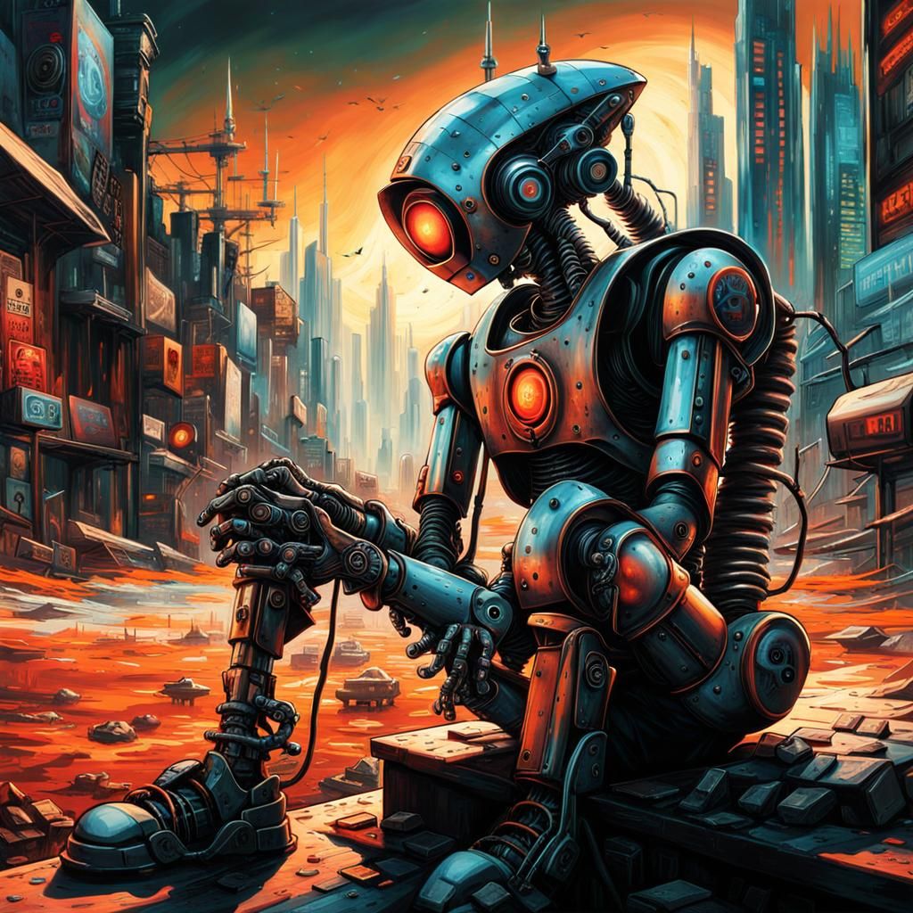 Post-Apocalyptic Robot in Cyberpunk Cityscape