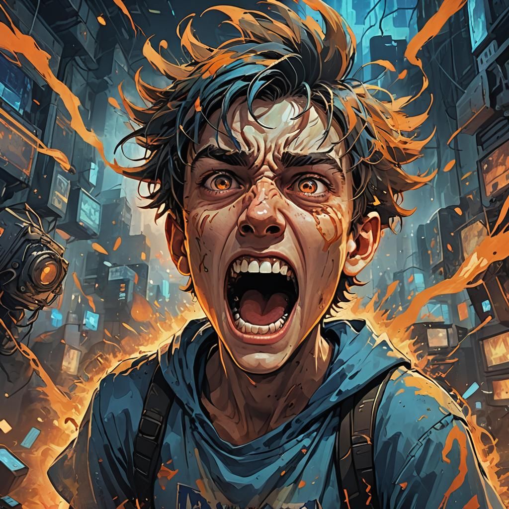 Furious Teen Gamer Yelling into Microphone, Digital Art