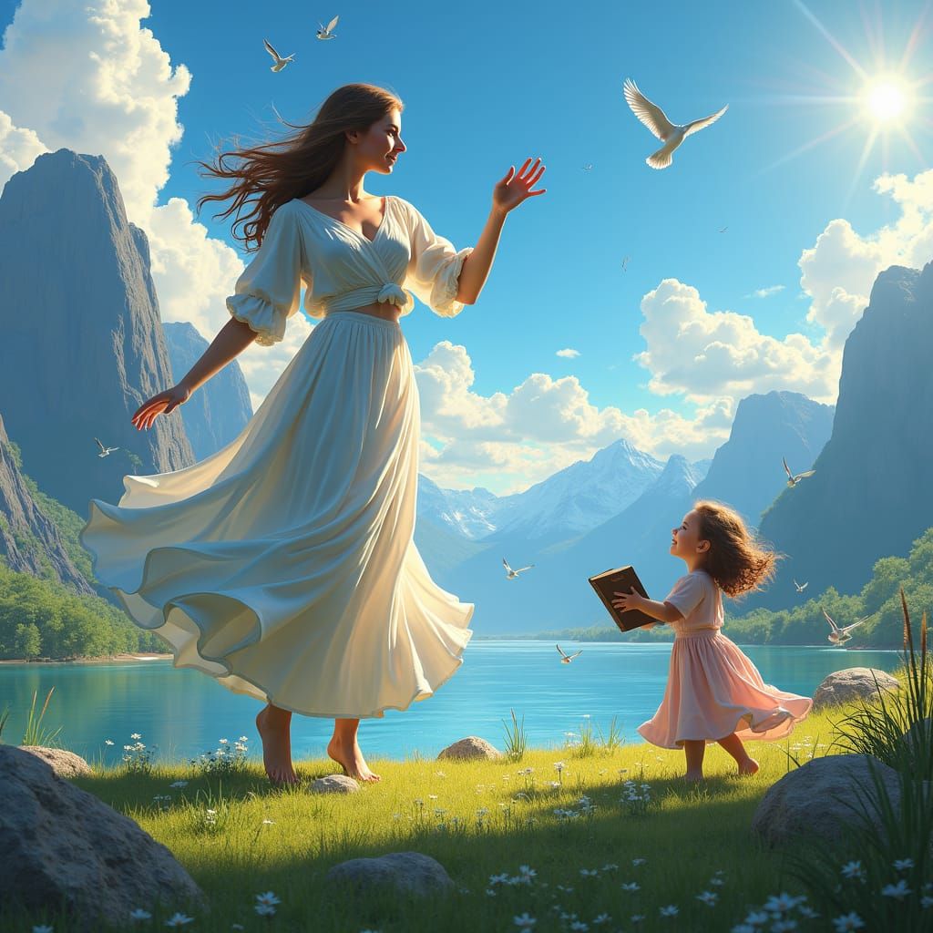 Woman in Nature Scene with Child and Bible