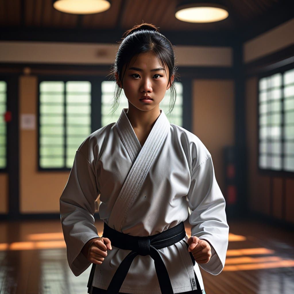 Hyperrealistic Karate Girl in Dojo