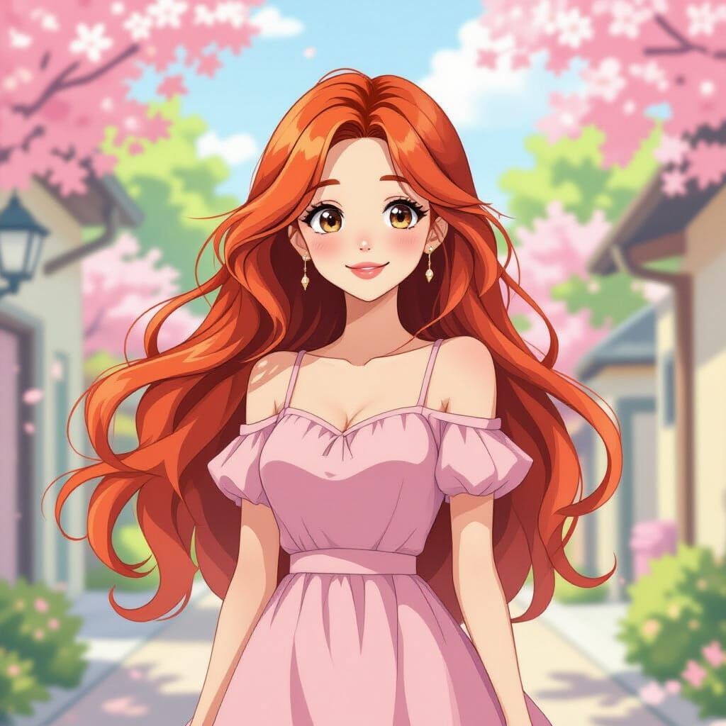 Anime Girl with Flowing Red Hair and Pink Dress