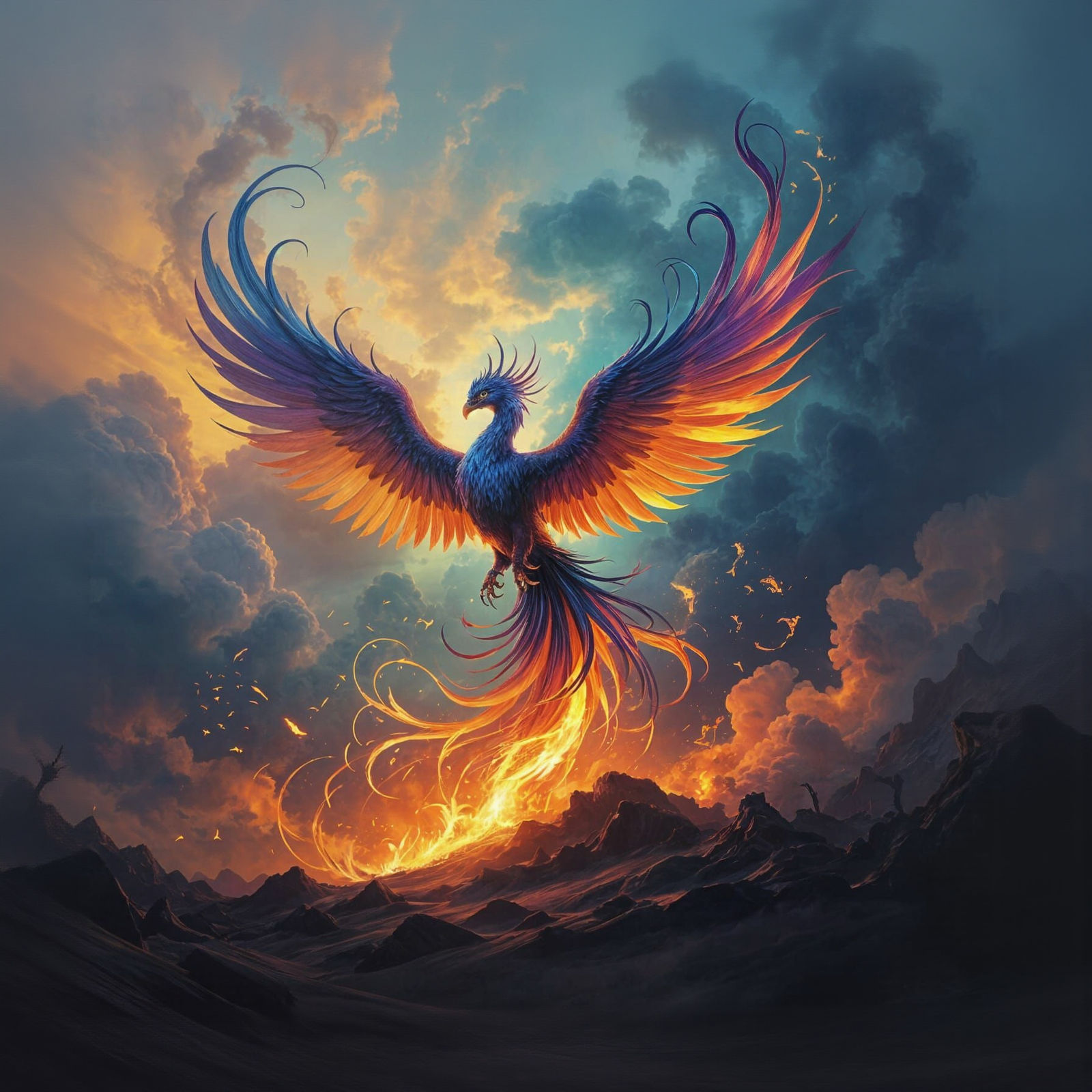 Fiery Bird Ascends from Ground in Smoke and Flame