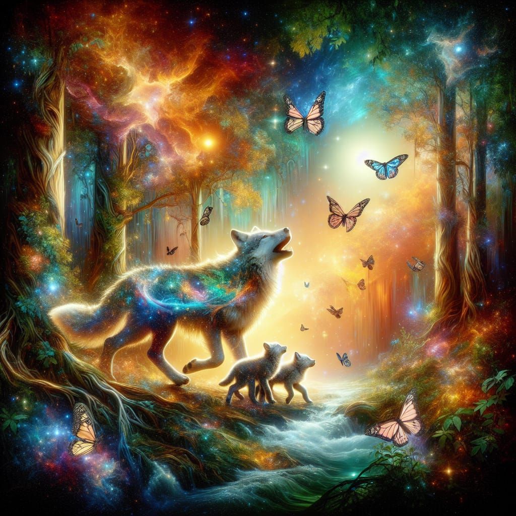 Enchanting Mother Wolf and Cubs in Holographic Forest