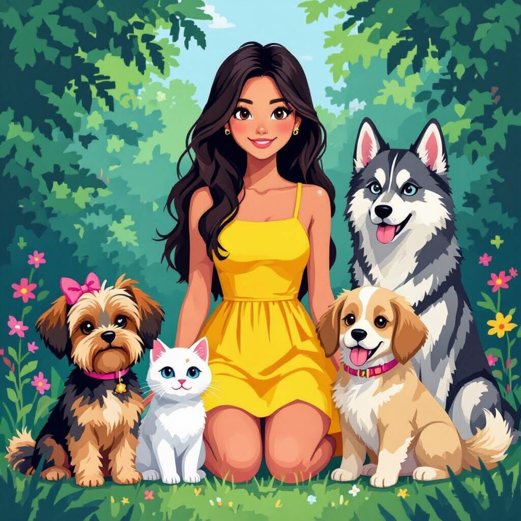 Girl with Pets in Pixel Art Style