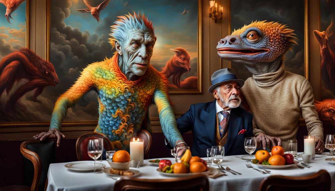 Surreal Bistro Scene with Aliens in Max Ernst Style