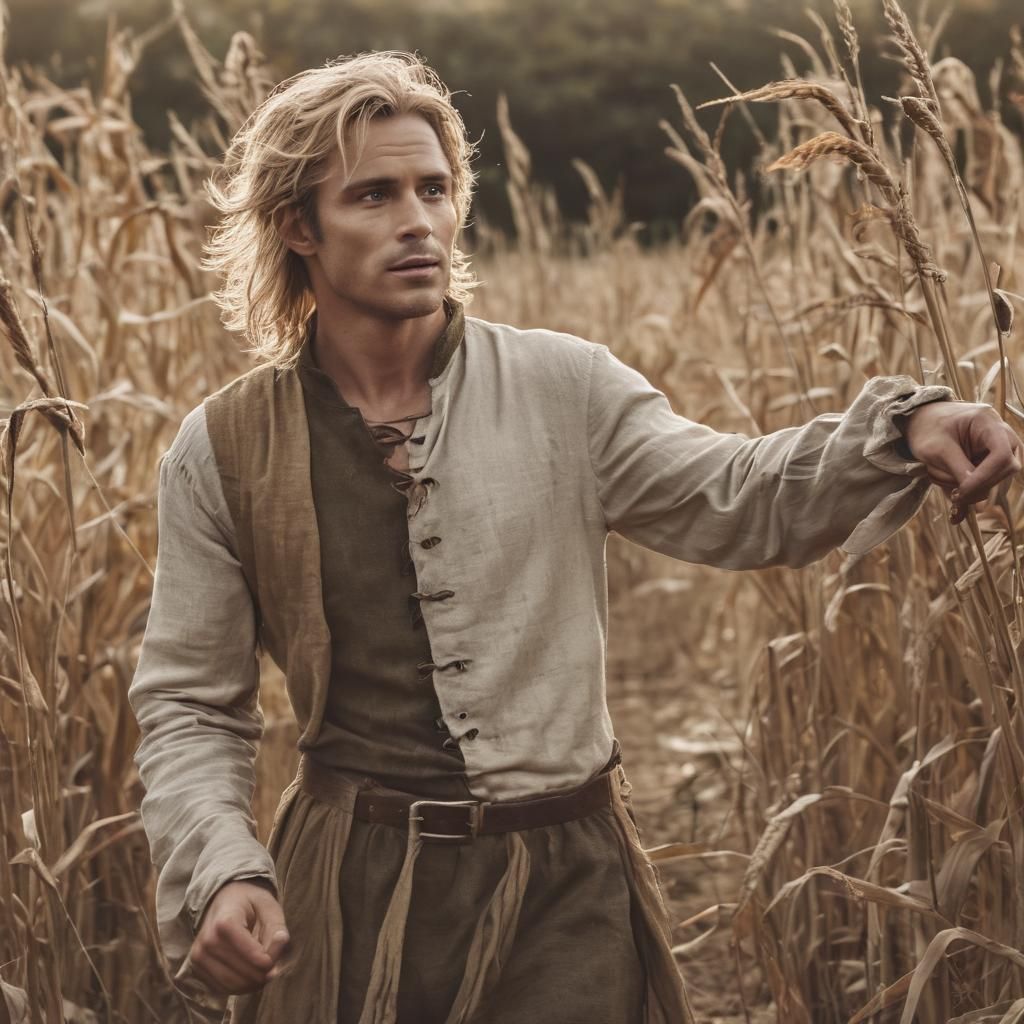 Tall Elven Prince Stands at Edge of Cornfield in Moody Portr...
