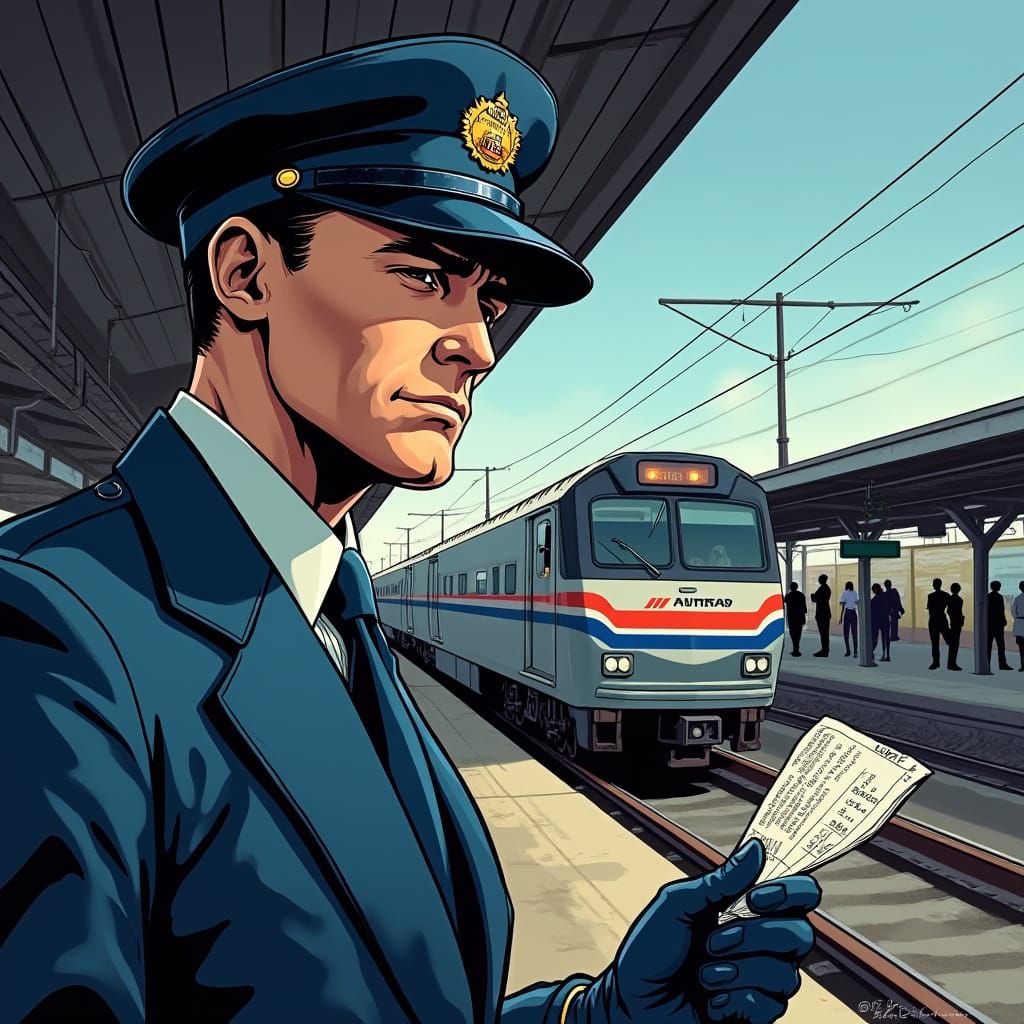 Comic Book Train Conductor Holds Ticket With Amtrak Train