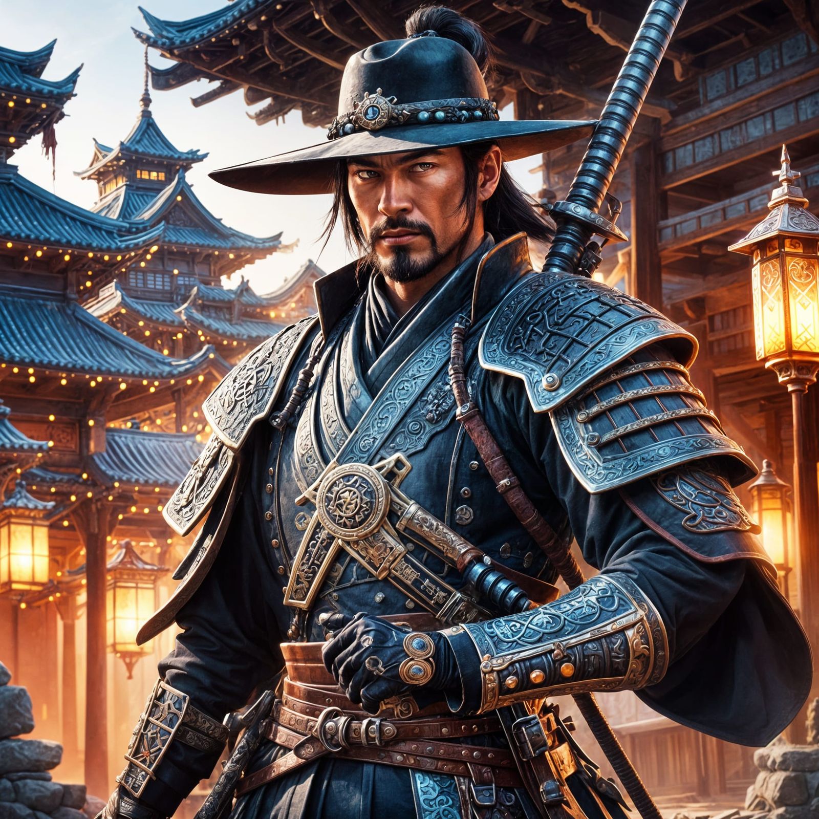 Samurai Cowboy with Runes in Western Town