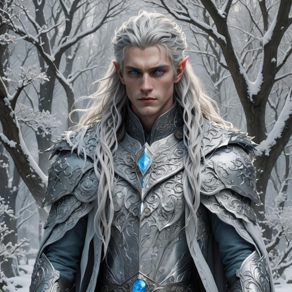 Icy Blue-Eyed Leader in a Mythical Realm