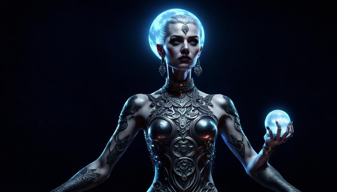 Gothic Tattooed Woman with Silver Apples, Photorealistic Art