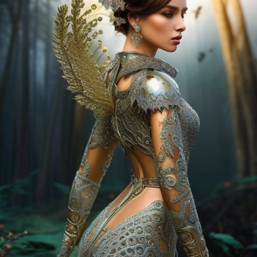 Woman in Intricate Armor, Art Nouveau Style