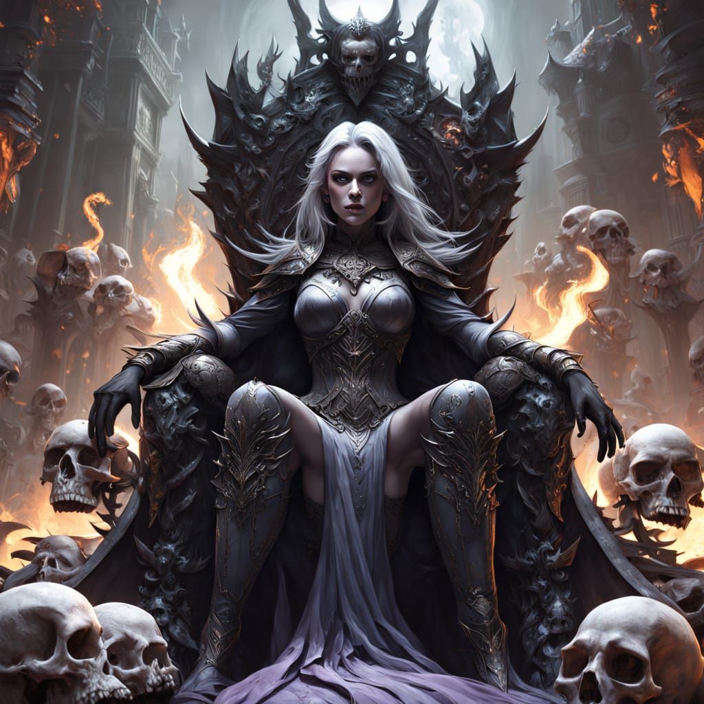 Drow Warrior Queen on Skull Throne: Dark Fantasy Art