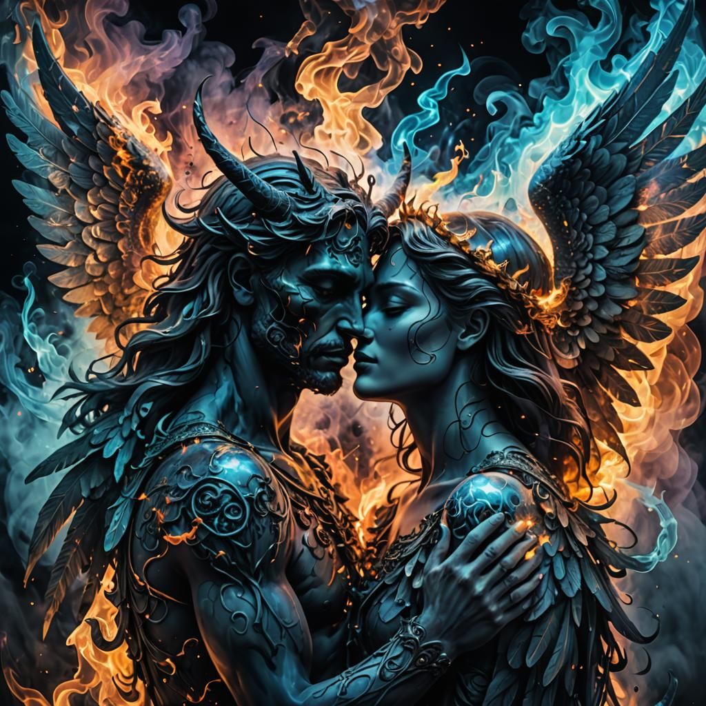 Angel and Demon Embrace: Smoke and Ink Illustration