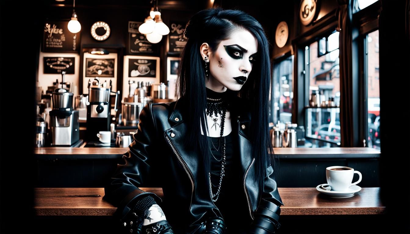 Goth Fashion Model in Coffee Shop