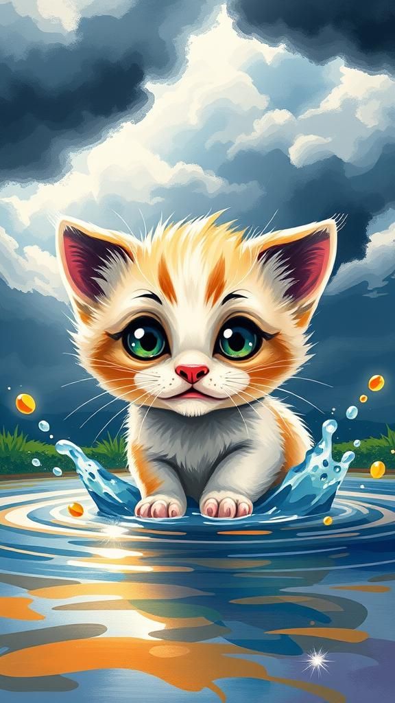 Kitten Splashing: Fauvist-Inspired Digital Illustration