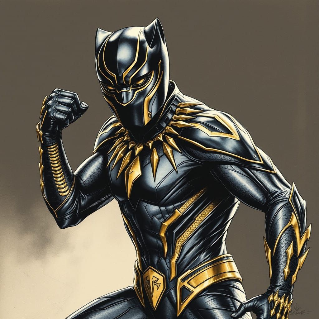 Heroic Black Panther in Charcoal Drawing Style