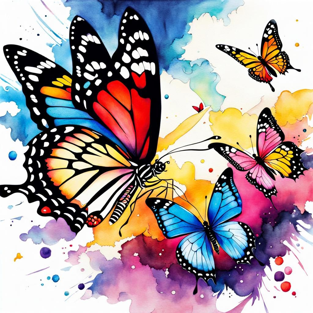 Detailed Watercolour of Busy Butterflies in Anime Style