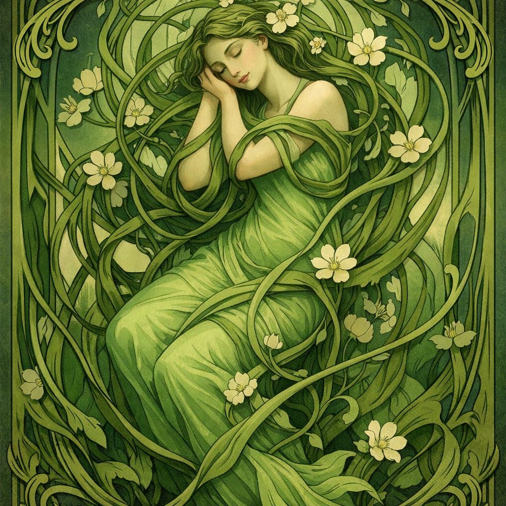 Art Nouveau Figure Embraced by Green Vines and Flowers