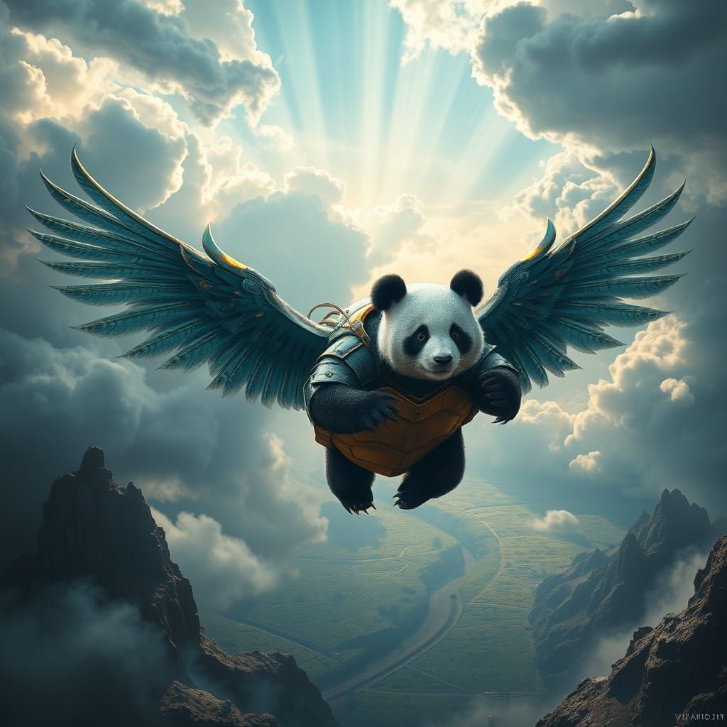 Majestic Flying Armored Panda in Cyberpunk Landscape