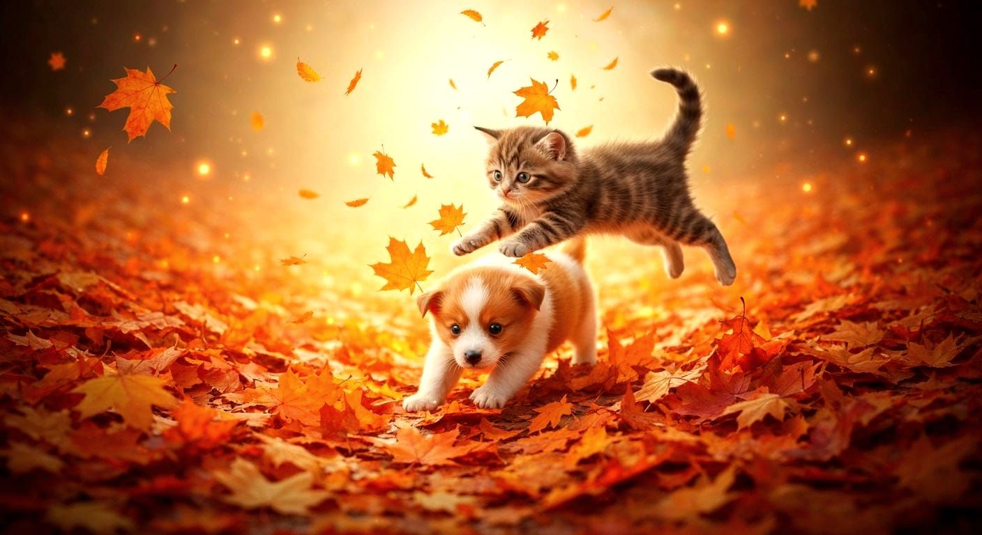 Playful Puppy and Kitten Dive into Autumn Leaves