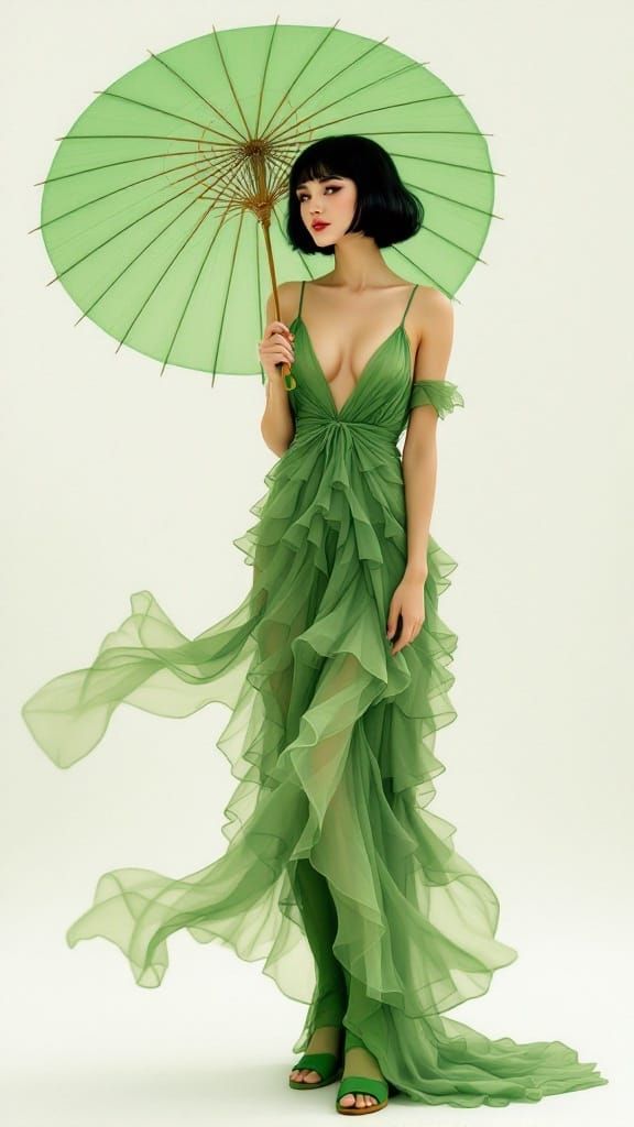 Elegant Woman in Flowing Green Dress, Art Nouveau Style