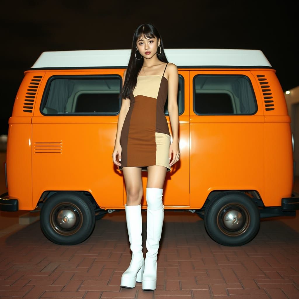 Confident Young Woman in Eclectic Outfit Against Orange Van
