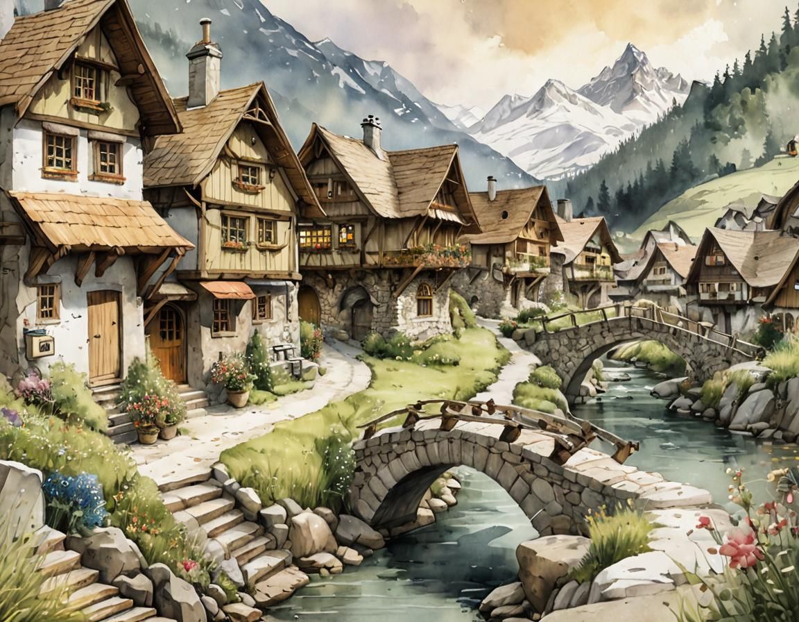 Whimsical Alpine Village in Watercolor and Ink
