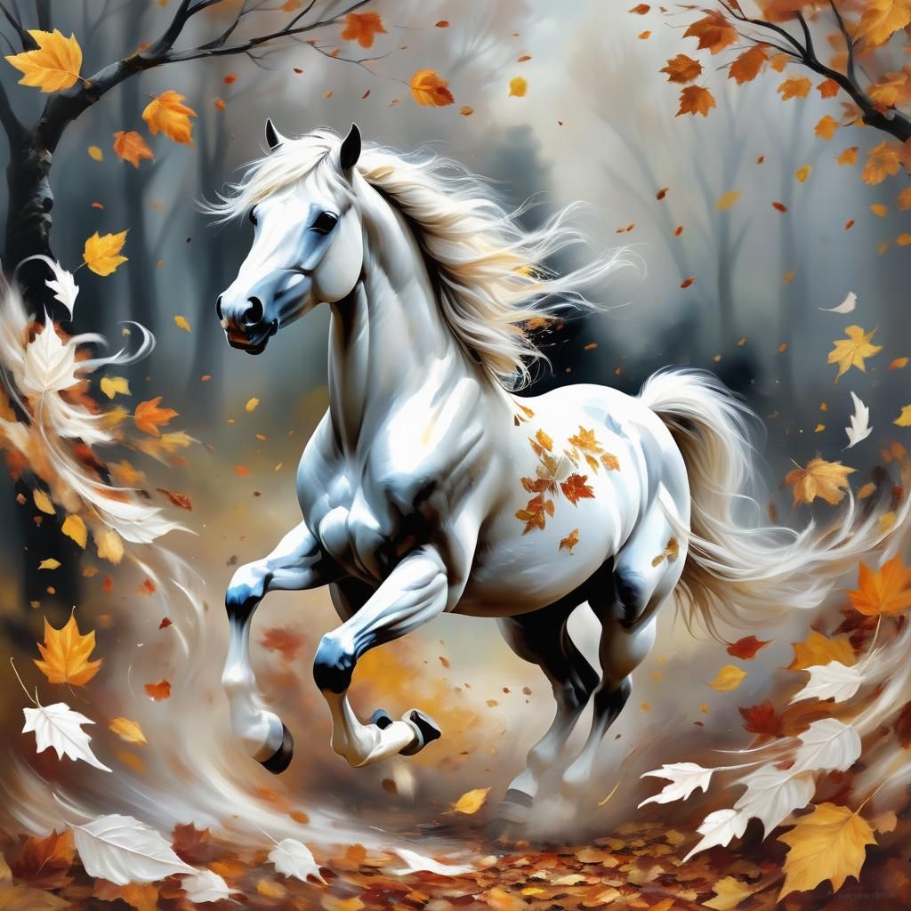 Fantasy White Horse in Autumn Leaf Whirl