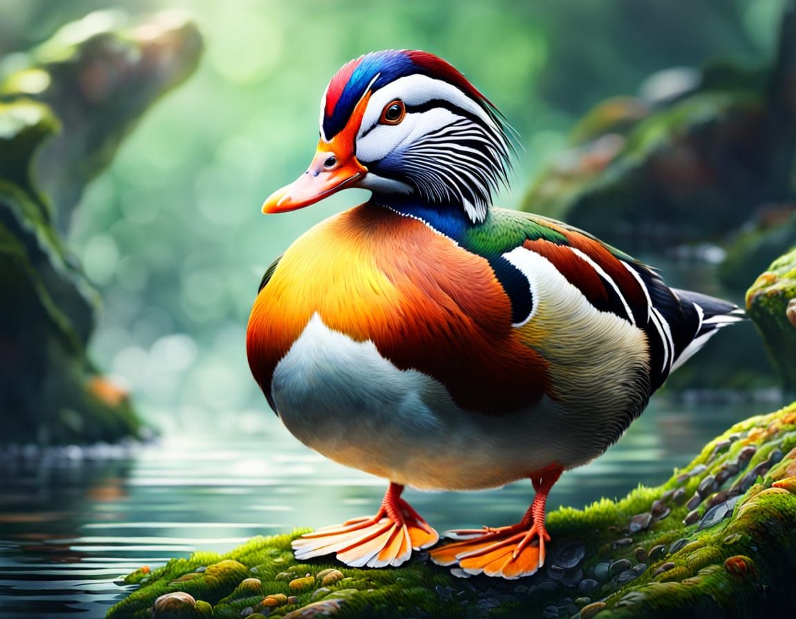 Hyperrealistic Mandarin Duck on Mossy Rock