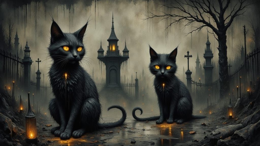 Sinister Feline Duo in Eerie Cemetery