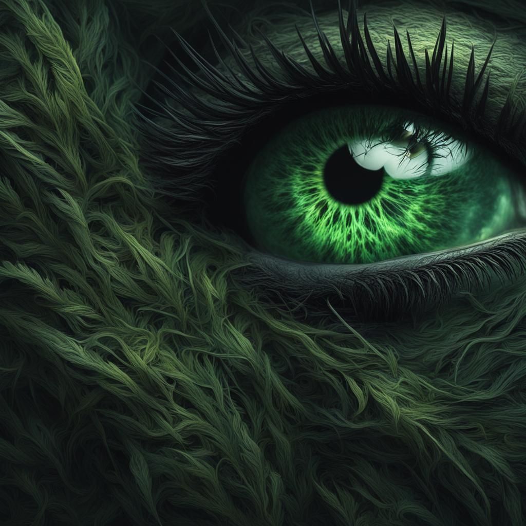 two dark green eyes with long black eyelashes, two eyes, Epi...