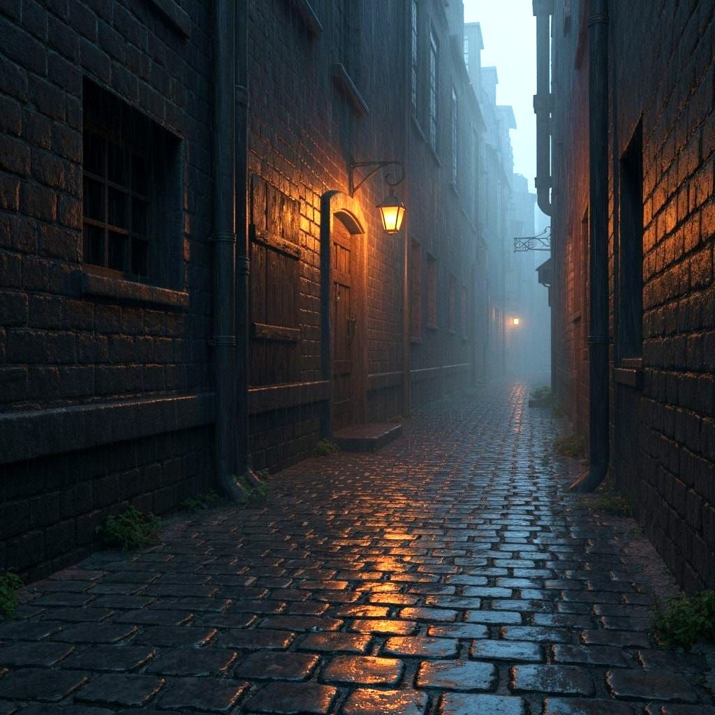 Cinematic Alleyway at Night: Tavern Lantern Glow
