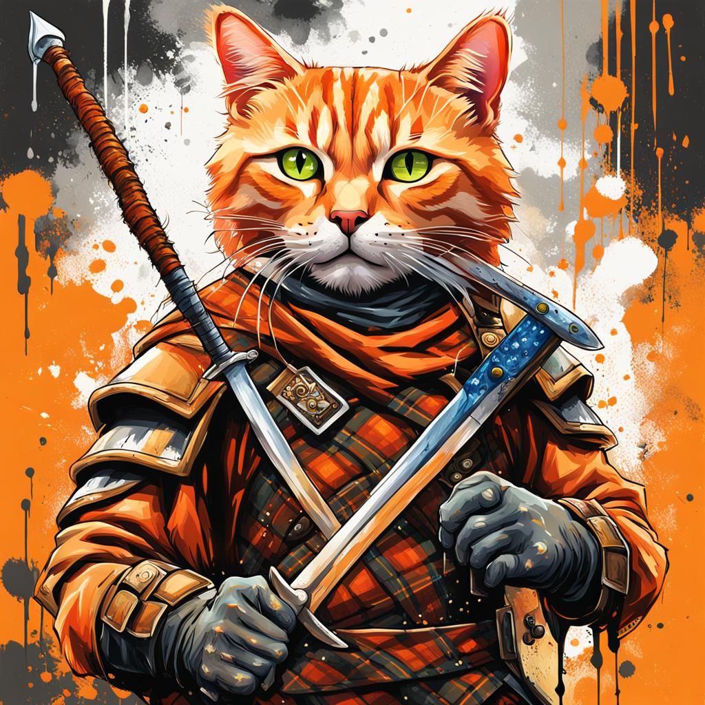 Scottish Warrior Cat in Black Watch Tartan: Graffiti Art