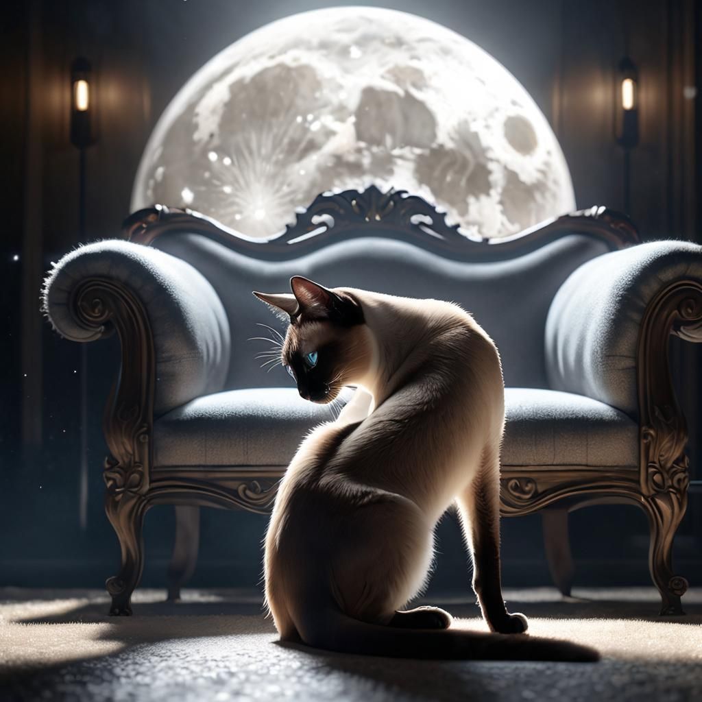 Siamese Cat in Moonlight: Ultra-Fine Detail, 8K