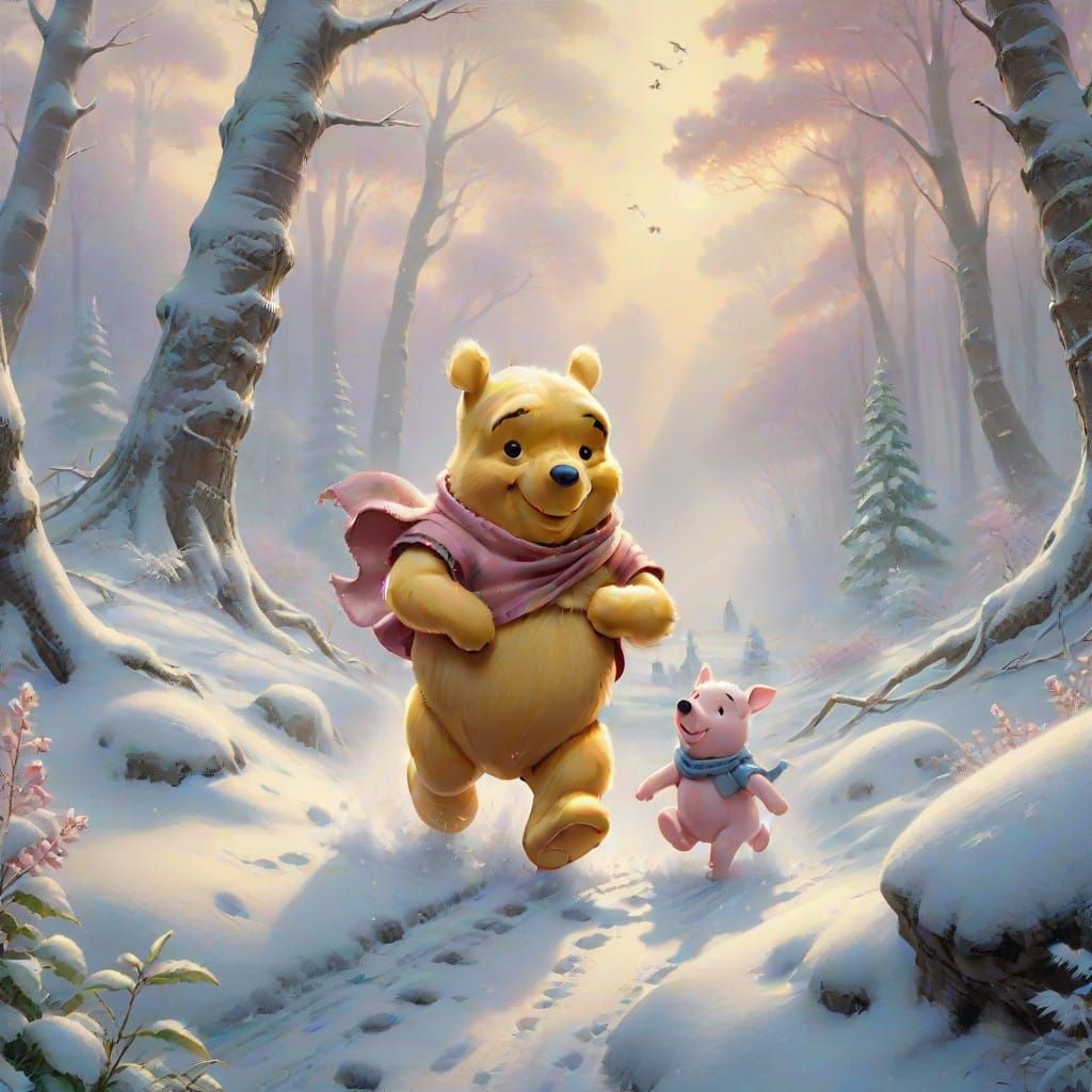Ethereal Winter Wonderland with Winnie the Pooh and Piglet