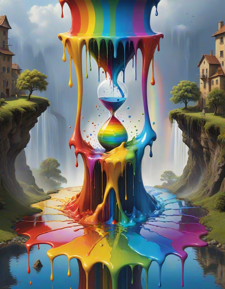 Surreal Drip Painting of Melting Hourglass in Rainbow Waterf...