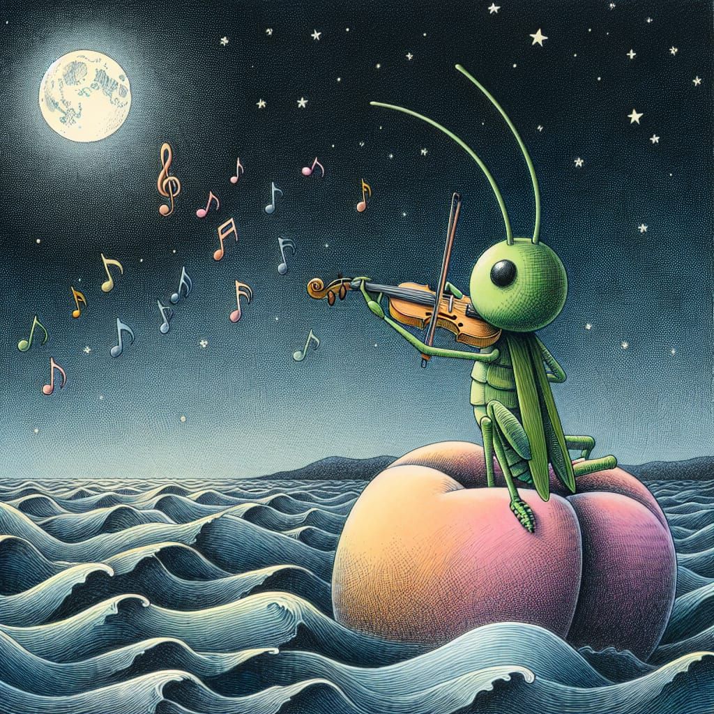 Whimsical Grasshopper's Night Voyage: A Digital Painting