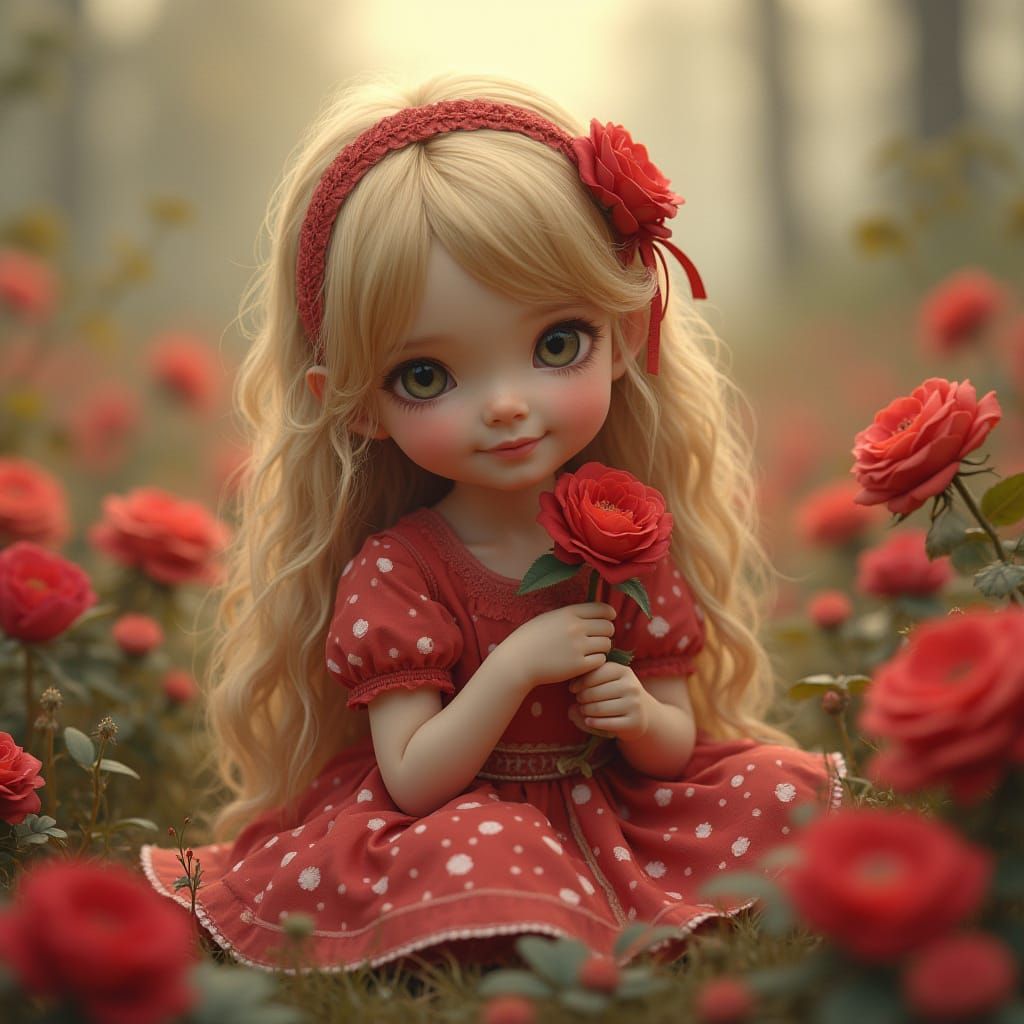 Serene Little Girl in Whimsical Field of Muted Flowers