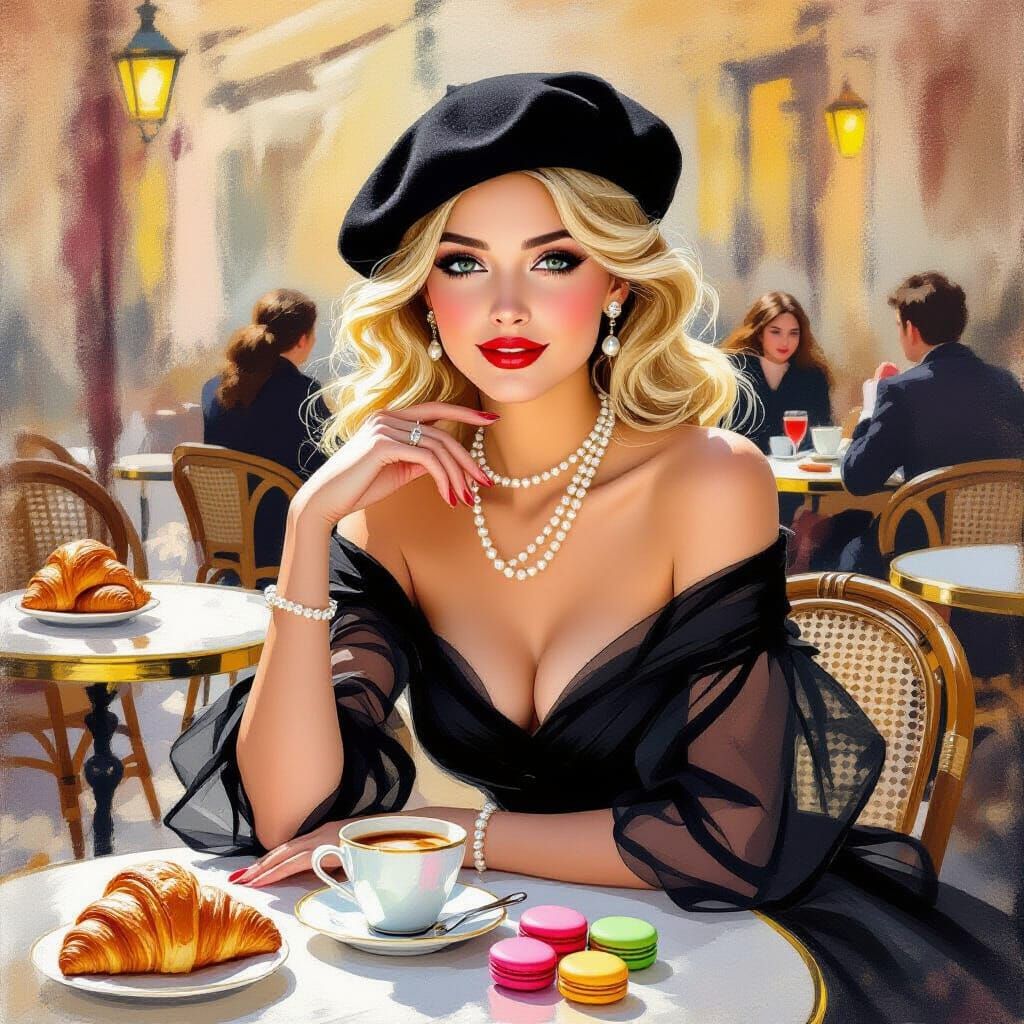 French Woman at Vintage Cafe in Monet's Style