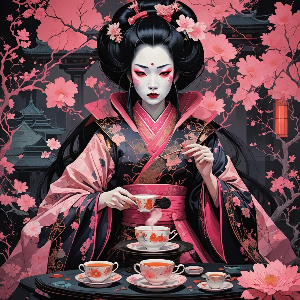 Surreal Pink Dracula Tea Party in Dark Castle