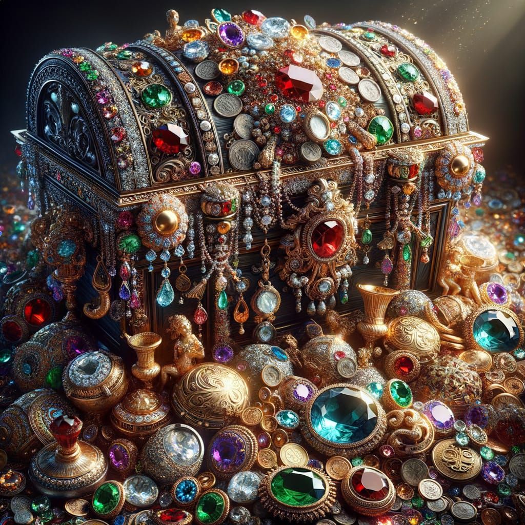Ornate Treasure Chest Overflowing with Gems and Gold