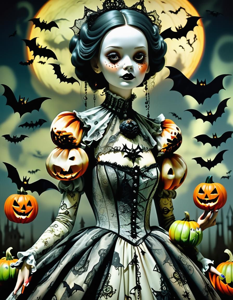 Victorian Lady with Haunted Doll in Pop Surrealism Style