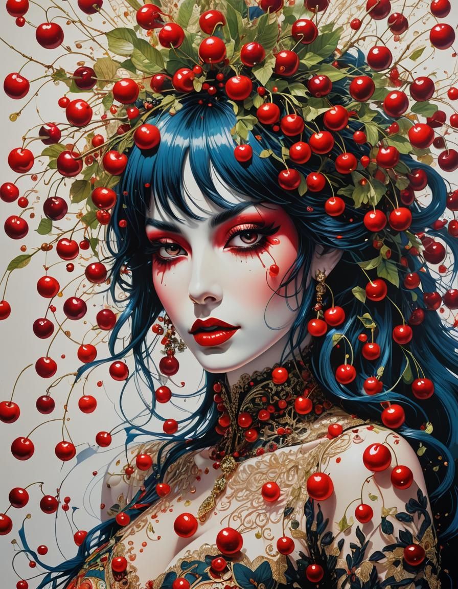 Psychedelic Cherry Dream Girl in Silk Screen Style