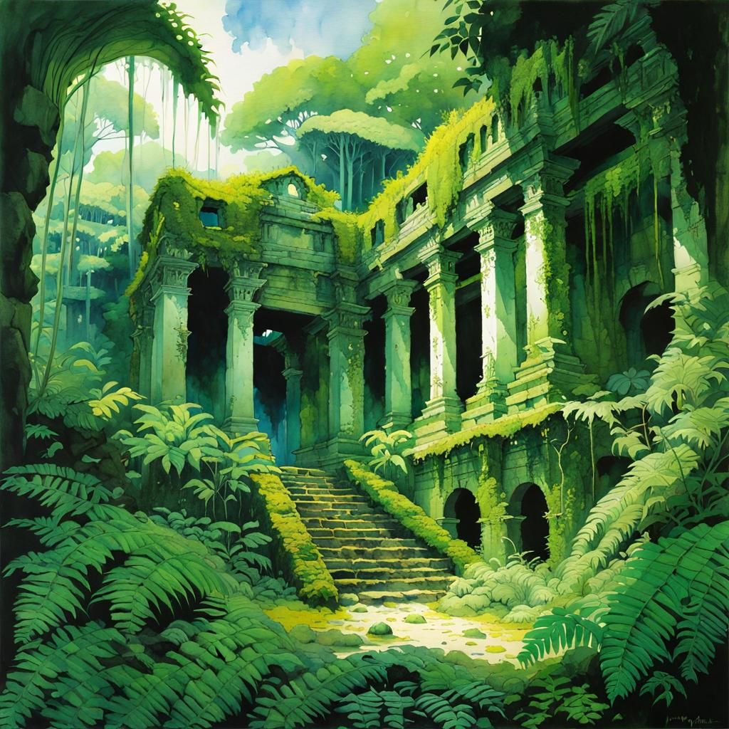 Lush Jungle Ruins in Watercolor Painting Style