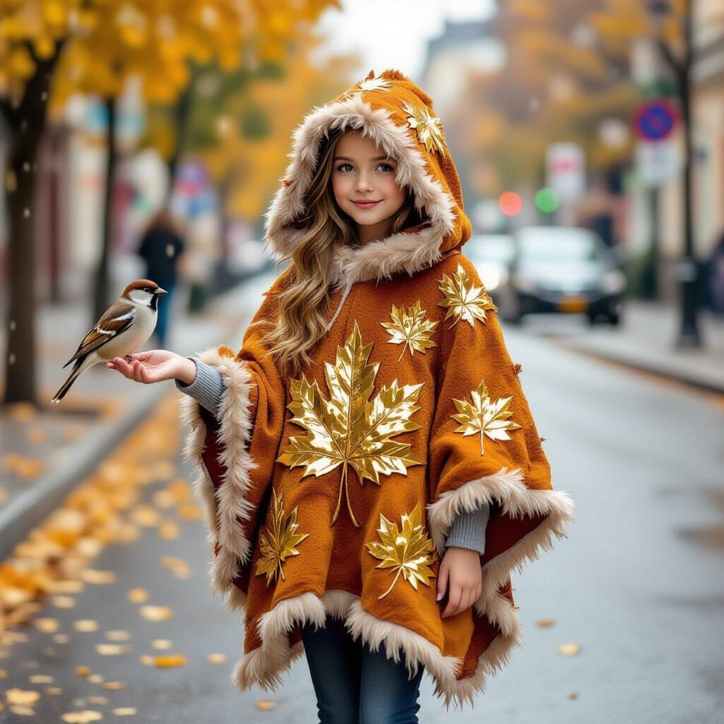 Girl in Autumn Poncho with Maple Leaves in Rain