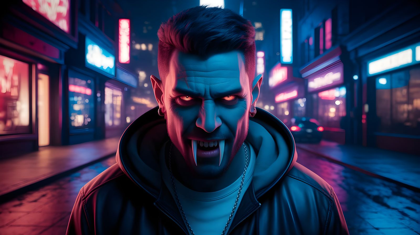 Dark Neon Vampire Stares Under City Lights