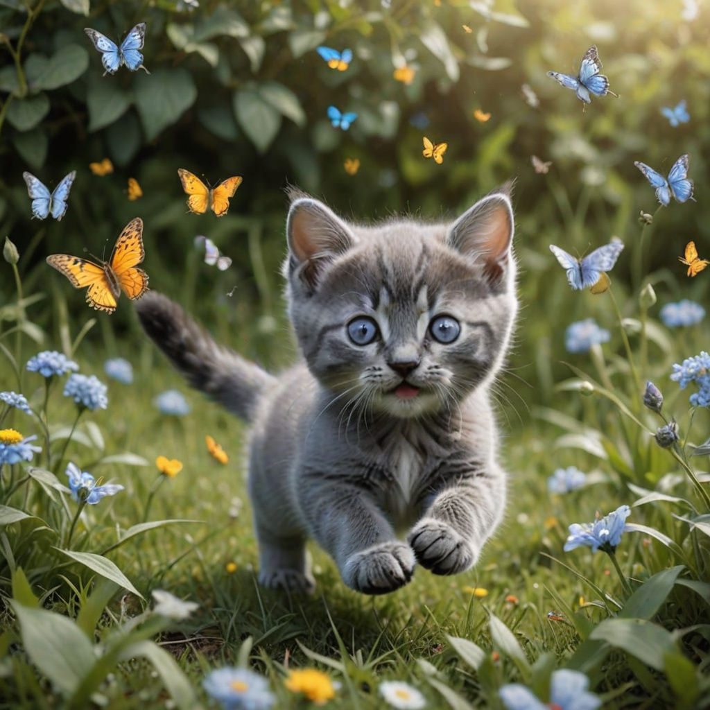 Whimsical Blue Kitten in Flight